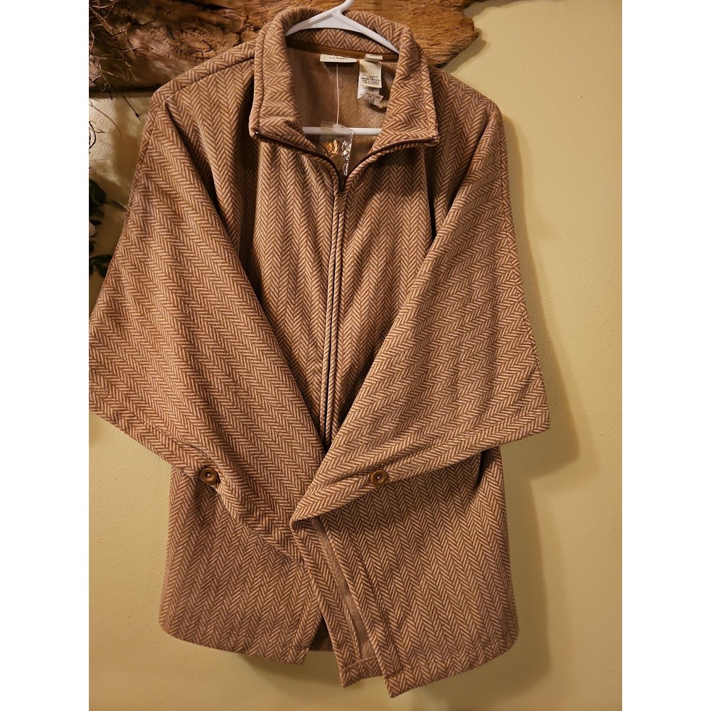L.L. Bean Women's Fleece Poncho Cape Herringbone Full Zip Brown Beige Large
